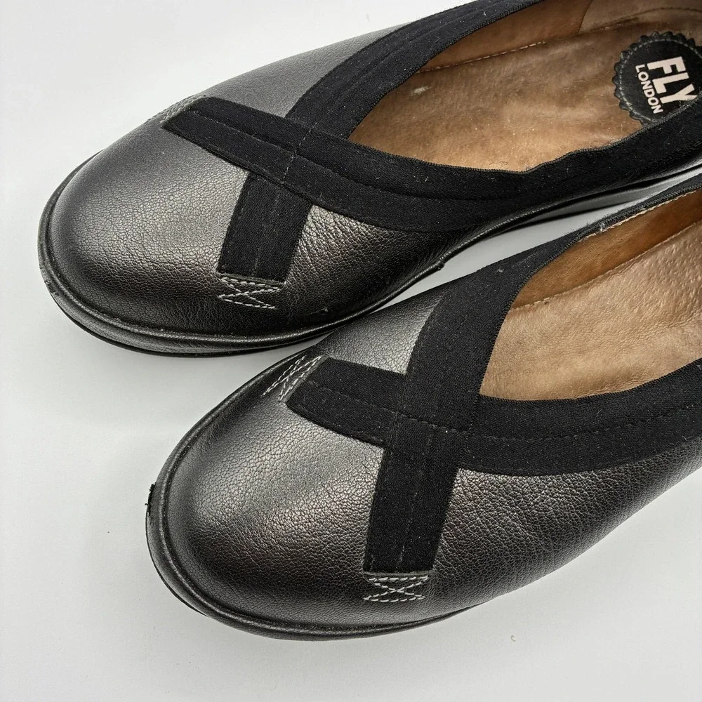 Fly London Bobi Wedge Loafers Womens 41 10 Black Metallic Leather Slip On Shoes